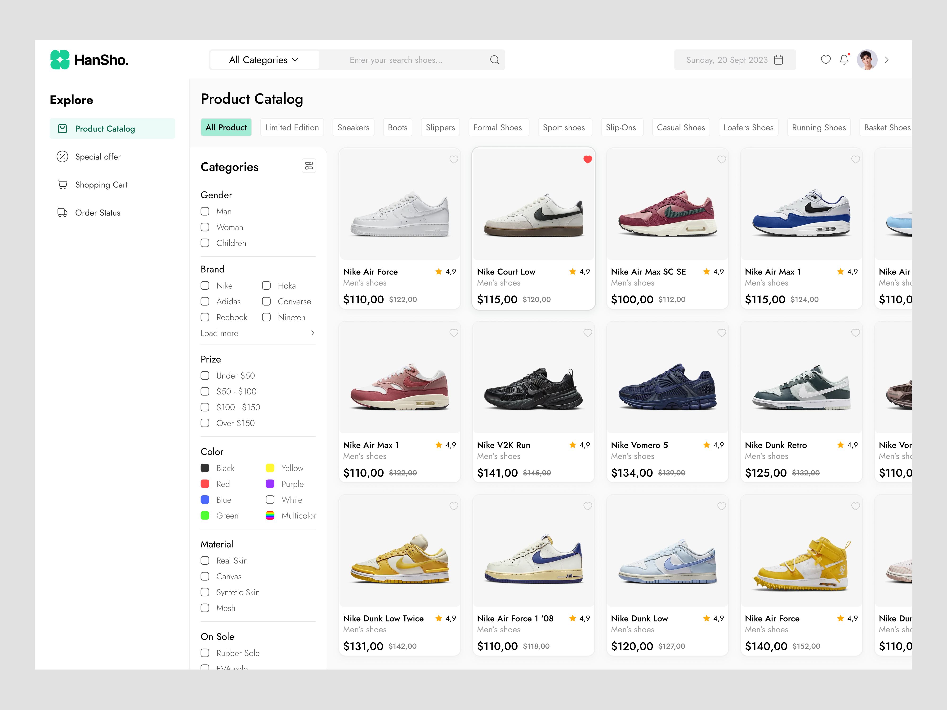 Hansoe - Ecommerce Sales Shoes 3d animation branding card clean dashboard ecommerce graphic design illustration layout linier logo navbar nike sales shadow shoes sidebar ui ux