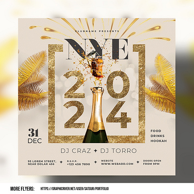 New Years Eve Party Flyer Template - PSD advertisement download psd elegant party flyer festival design golden graphic design new year flyer new years eve nightclub nye 2024 party flyer photoshop poster print psd social media post template