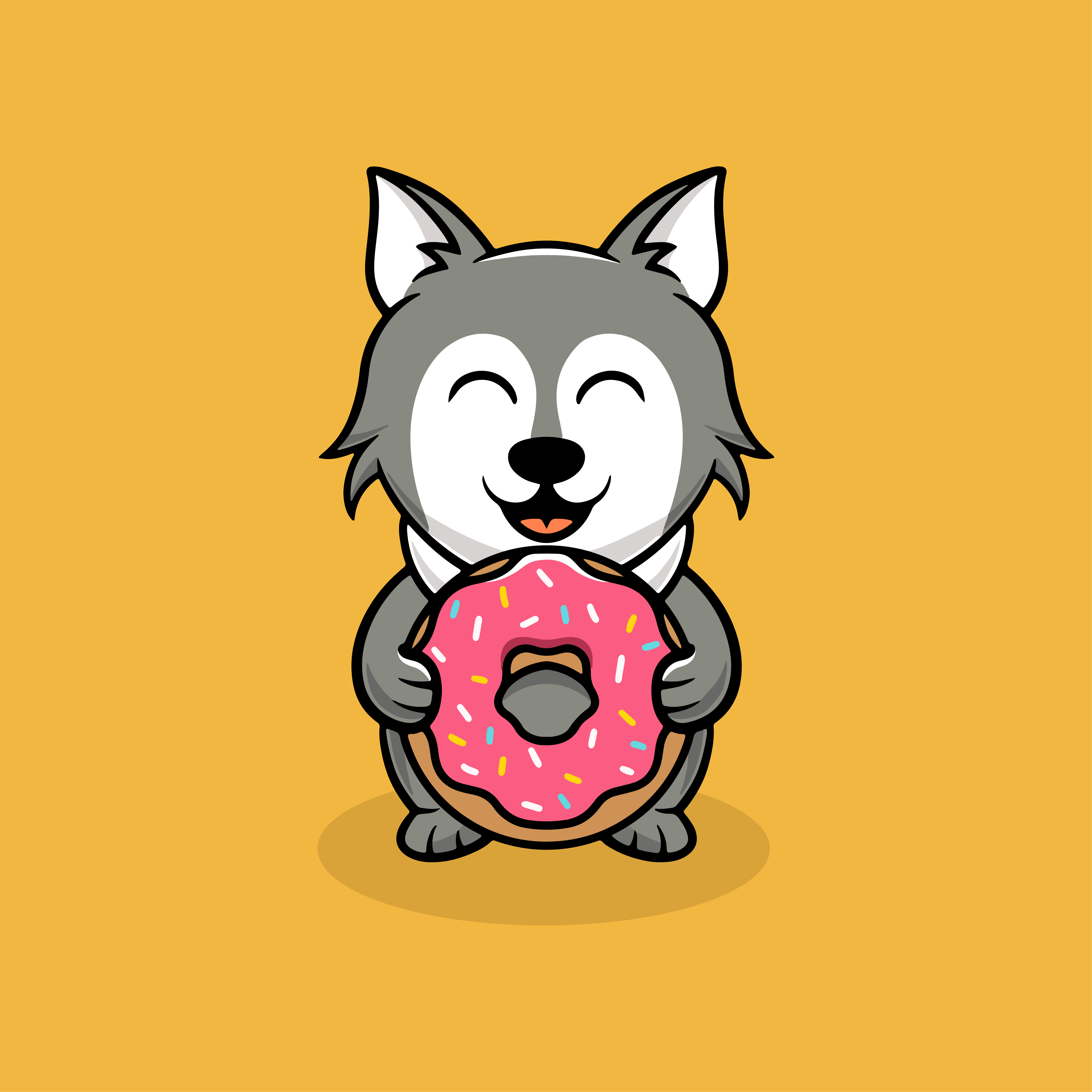 Cute wolf eating donut cartoon illustration restaurant