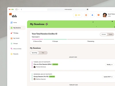 My Sessions - Mental Health Platform application calendar coaches credits crm dashboard events health mental minimalistic points sessions students ui ux web website