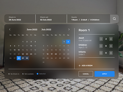 Vision Pro: Reservations system | Lazarev. 3d booking buttons calendar clean dashboard design header interaction interface menu product design search ui ux vision visionos