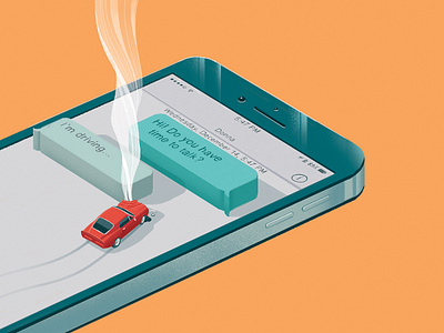 Illustration for Prevention magazine car chat conceptual crash driving illustration illutrator isometric photoshop smartphone whatsapp