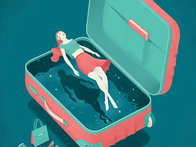 Advertising illustration airport conceptual floating items night relax suitcase travel traveller trolley woman