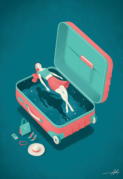 Advertising illustration airport conceptual floating items night relax suitcase travel traveller trolley woman