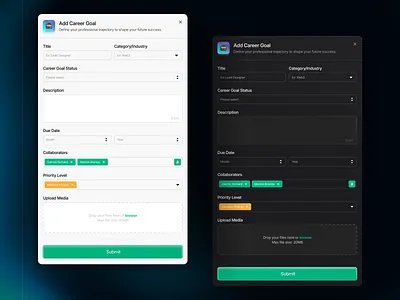 Career Goal Modal - Dark and Light Mode app card clean components dark dashboard design system dropdown forms list view minimal modal navigation popup saas textfield ui ux website white