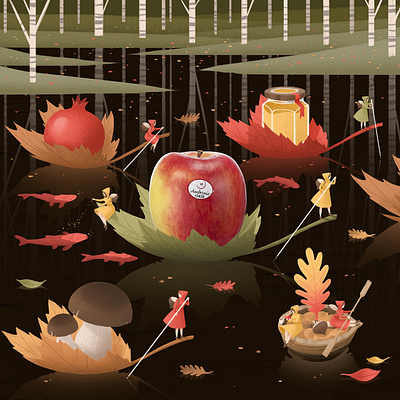 Illustration for Ambrosia™ apple autumn branding food fruit honey illustration leaf nature river social trees water winter wood