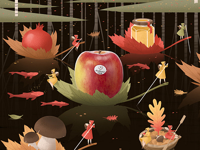 Illustration for Ambrosia™ apple autumn branding food fruit honey illustration leaf nature river social trees water winter wood