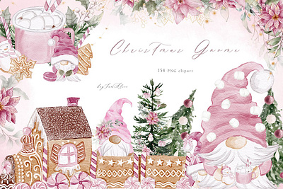 Christmas Gnome Pink noel watercolor clipart