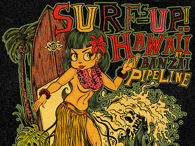 SURFS-UP HAWAII AT BANZAÏ PIPELINE betty cool david vicente design digital art illustration inking kustom kulture logo nft pin up