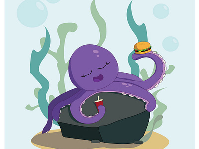 Funny octopus eats a hamburger funny octopus kids illustration octopus vector