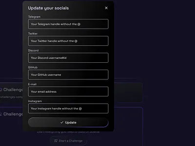 Dark Social Update Modal blockchain crypto dark theme dark ui design illustration product design social social link modal ui ui design