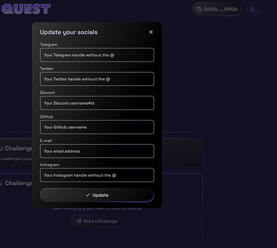 Dark Social Update Modal blockchain crypto dark theme dark ui design illustration product design social social link modal ui ui design