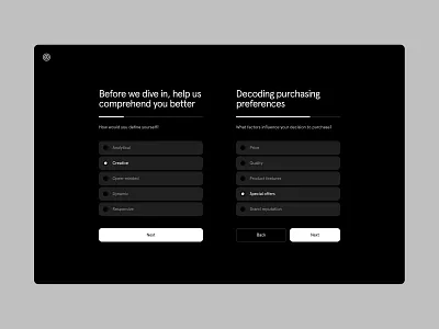 Onboarding/questions page buttons clean ui dark ui design fonts friendly ui landing page layout minimal minimalism onboarding question radio buttons survey typography ui ux web web design website