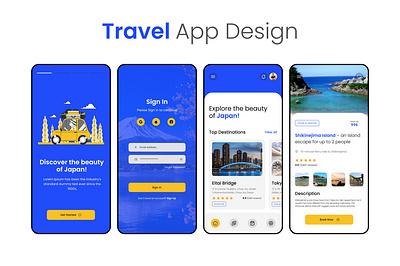 Travel App design app design blue and yellow japan travel mobile app travel travel app ui ui design ui ux user interface visit japan