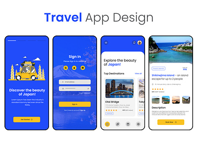 Travel App design app design blue and yellow japan travel mobile app travel travel app ui ui design ui ux user interface visit japan