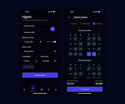 Flight App Ui design (Dark Mode) app app design booking app clean design flight app flight seats minimal mobile mobile app modern plane ticket ticket booking ui