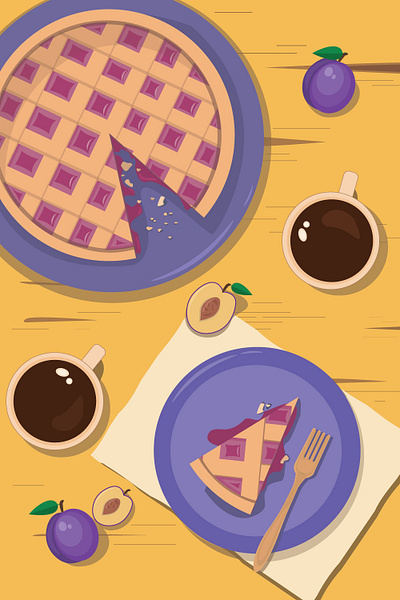 Plum pie with a cup of tea food illustration pie vector vector illustration