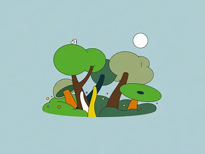 🦜 2d adventure alive animation bird bush flowers growing illustration leaf motion design nature outline save shapes sun tree trees wood world