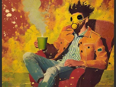 I had some dreams - they were clouds in my coffee...... change climate coffee gas mask global warming illustration jacket painting shop stop oil