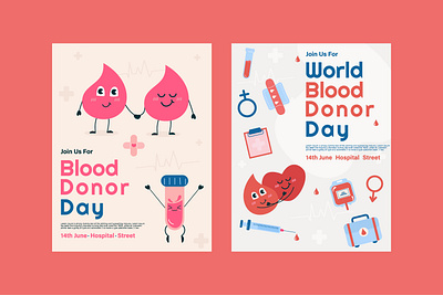 Blood donor day flat flyer, poster blood character donate donor drop flyer medical medicane poster red world blood donor day