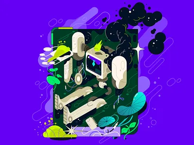 B U R N O U T vector illustration article adobe animation botanical cartoon character design concep art cyborg graphic design green illustration motion graphics robot vector violet