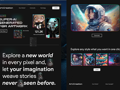 AI Art Generator Landing Page ai ai generated artwork bali dark mode graphic design image inspirations landing page midjourney neo brutalism trend ui ux 2023 ui user interface ux