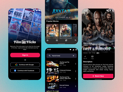 "FilmFlicks: Cinematic Design" cinematicexperience dribbbleshowcase entertainmentapp filminspiredui graphic design logo mobileappdesign movieapp movieappexperience movieappmagic movienightux ui uiuxdesign userinterface visualdesign