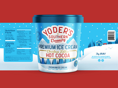 Yoder's Southern Creamery - Christmas Ice Cream Packaging adobe adobe illustrator brand identity branding christmas christmas ice cream christmas packaging graphic design hot cocoa ice cream ice cream packaging label label design packaging packaging design premium ice cream scenic snow winter winter packaging