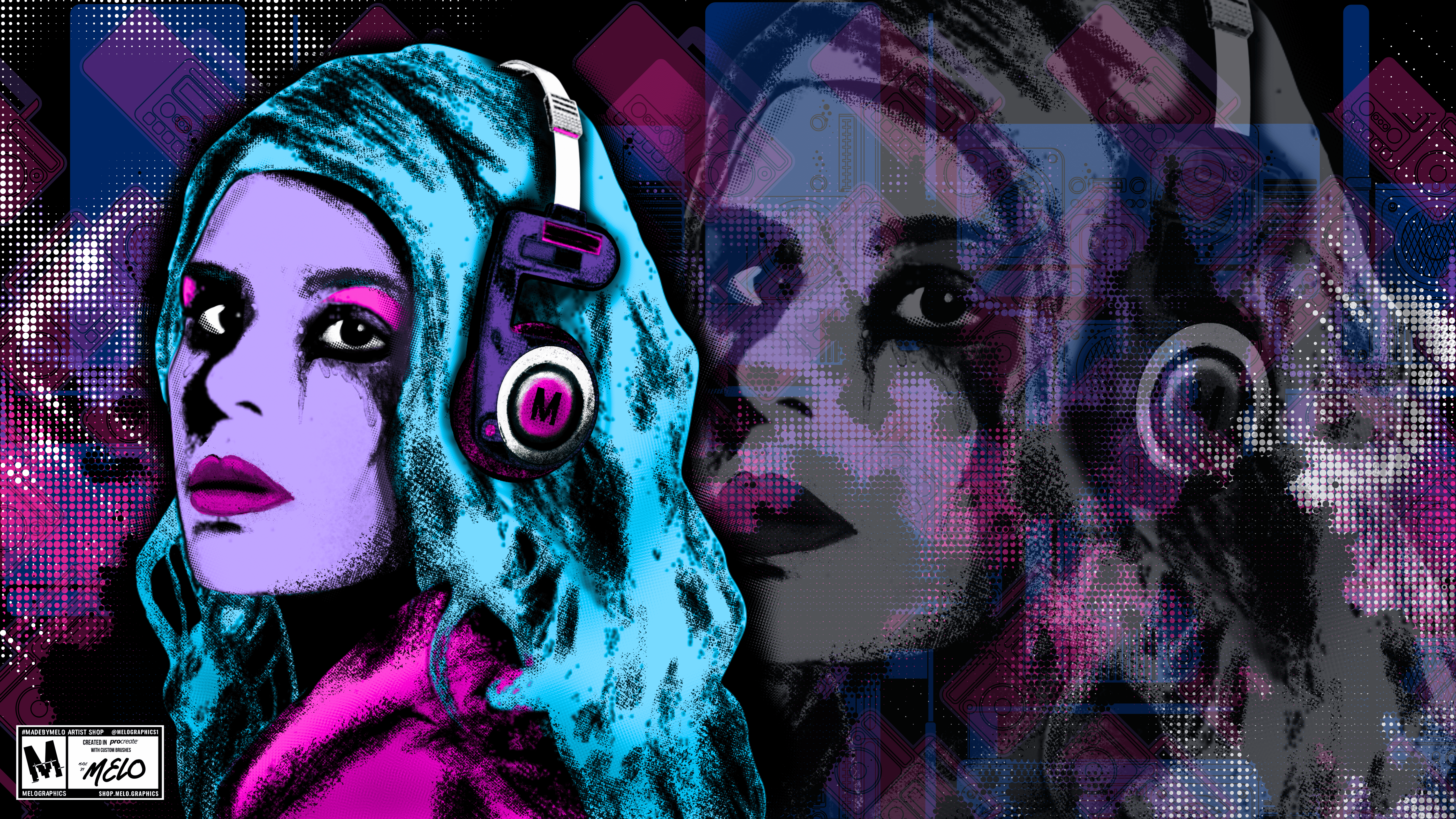 Personal Playlist - #ProcreateArt | #MadeByMELO art audiophile canvas custom brushes digital art grain graphic design halftone halftones headphones illustration madebymelo music noise popart portrait procreate procreate brush procreate brushes textures