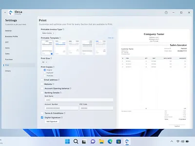 Invoice Print setting - ORCA Accounting accounting software app b2b sass canvas dialogs digital signature file upload fluent design glassmorphism invoice print print setting product design saas software setting sidebar uiux ux windows app winui 3