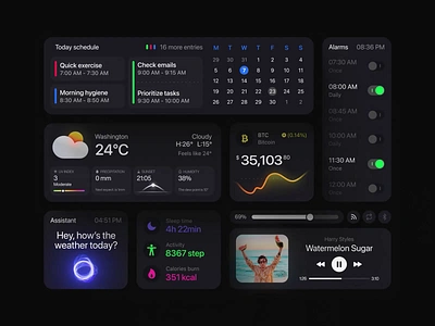 Widgets concept for a smart alarm clock ai alarm animation clock concept crypto design elements graphics grey interface motion graphics music sound typography ui ux weather web design widgets