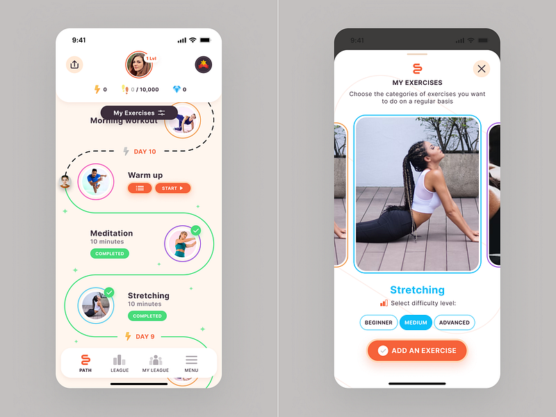 Habit Hero App UX/UI design. Path & Exercise selection page. cleanapp cleandesign cleaninterface cleanui creativedesign creativeinterface creativeui fitness habit ios app minimaldesign minimalinterface minimalui trendingdesign trendingui ui uxui workout xu
