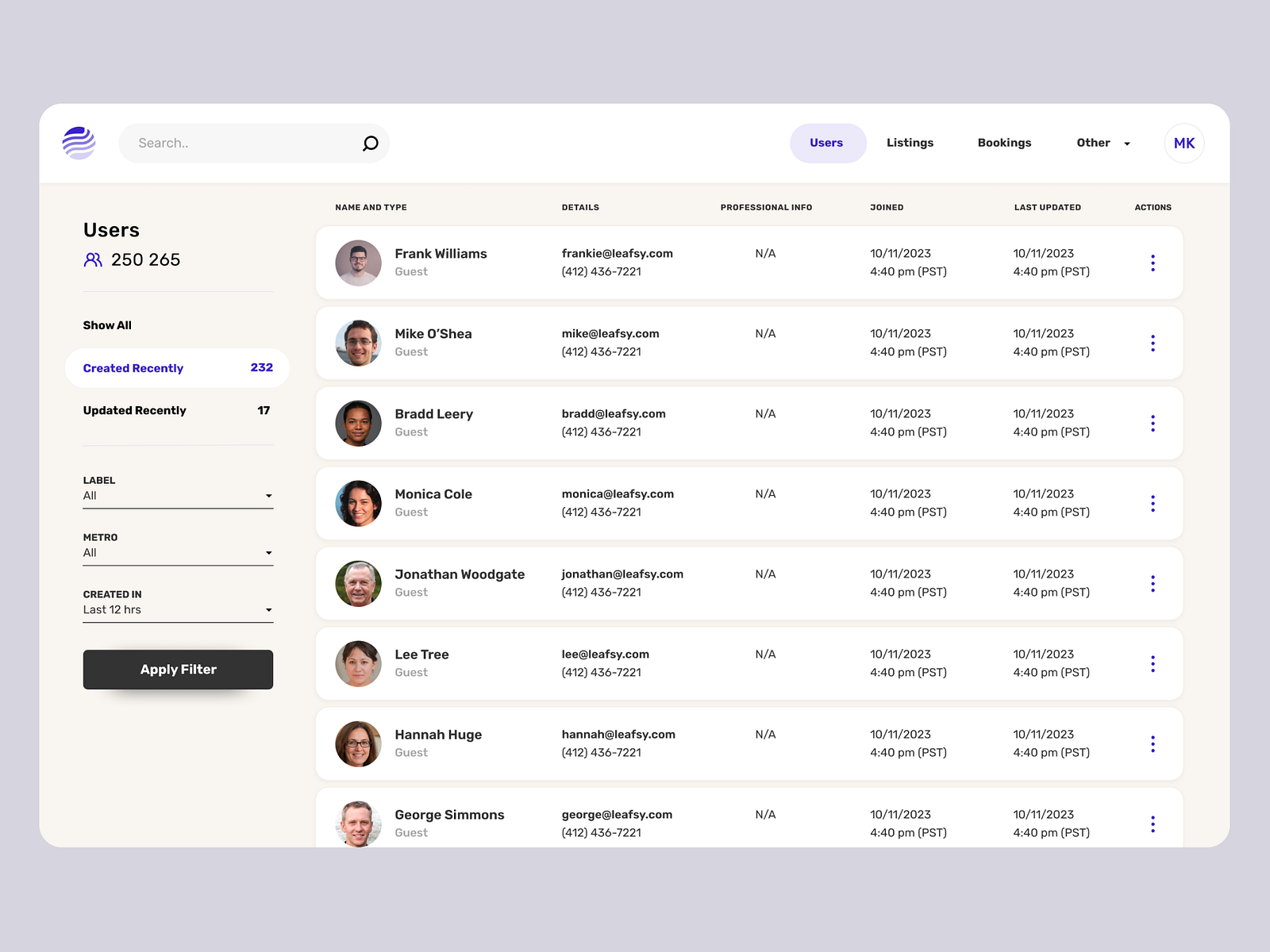 Booking management platform design - Users list by Yury Smirnov for ...