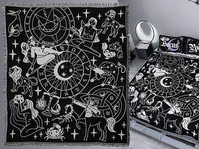 HOROSCOPE BLANKET ☾ Design for @Killstar apparel bedding blanket decor design designer drawing graphic design homeware horoscope illustration illustrator lifestyle magic pattern print textile textile design witchy zodiac