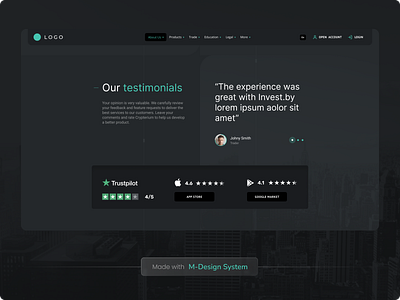 Testimonials, Feedback Section | M-Design System components dark mode design system desktop app feedback fintech green grey home page m design system mdesign msystem rates testimonials trading ui ui kit ux web platform website