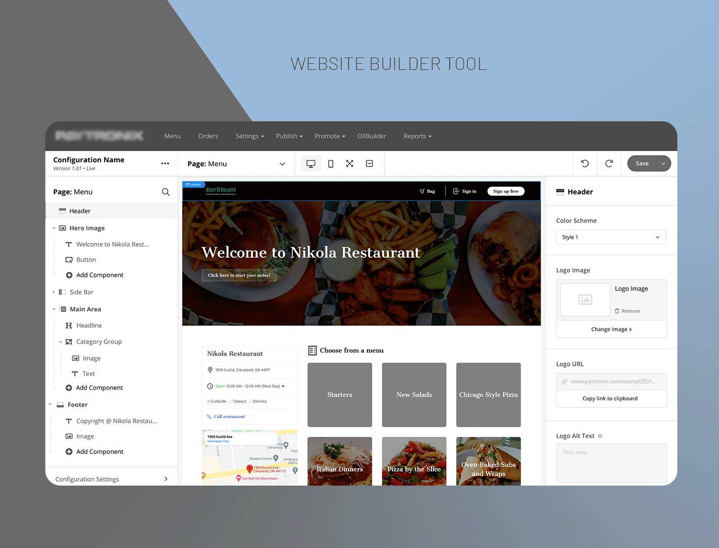 A Website builder tool for restaurant owners HiFi Wireframes delivery food delivery food order restaurant ux website builder