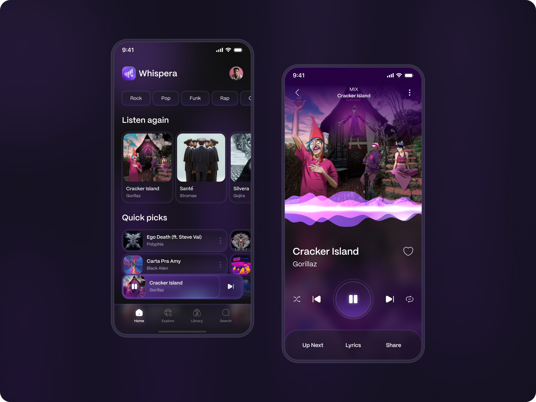 Whispera - Music Player App app audio audio player bento design futuristic logo mobile mobile app modern music music player purple song ui ux