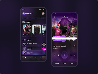 Whispera - Music Player App app audio audio player bento design futuristic logo mobile mobile app modern music music player purple song ui ux