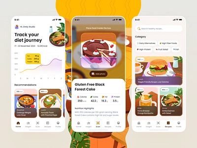 Diet Tracker Mobile App 🍔 app application burger cake dashboard diet food graph habits health healthy icon illustration mobile monitor orely salmon track ui ui design