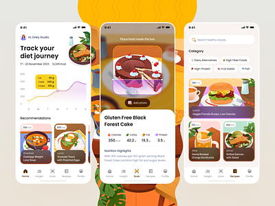 Diet Tracker Mobile App 🍔 app application burger cake dashboard diet food graph habits health healthy icon illustration mobile monitor orely salmon track ui ui design