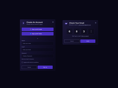 Create account modals create account figma log in minimal modal modals onboarding product design signup ui design user interface verification code