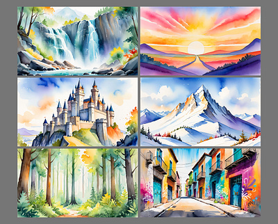 Watercolor Background Collection - AI Generated ai generated backgrounds building children colorful forest illustration lake mountain sky spring storybook watercolor winter