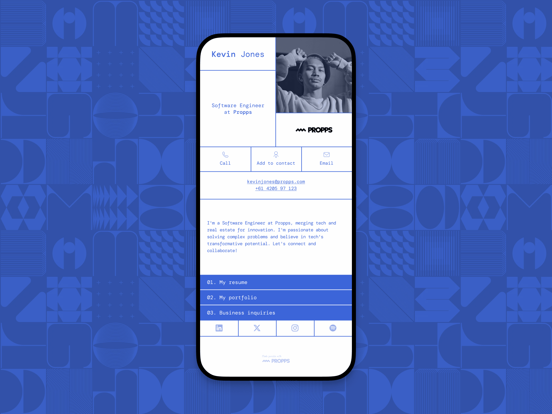 Propps Card about app bio brutalism colours contact details gradient link in bio mobile app neo brutalism portfolio product design profile propps socials ui user