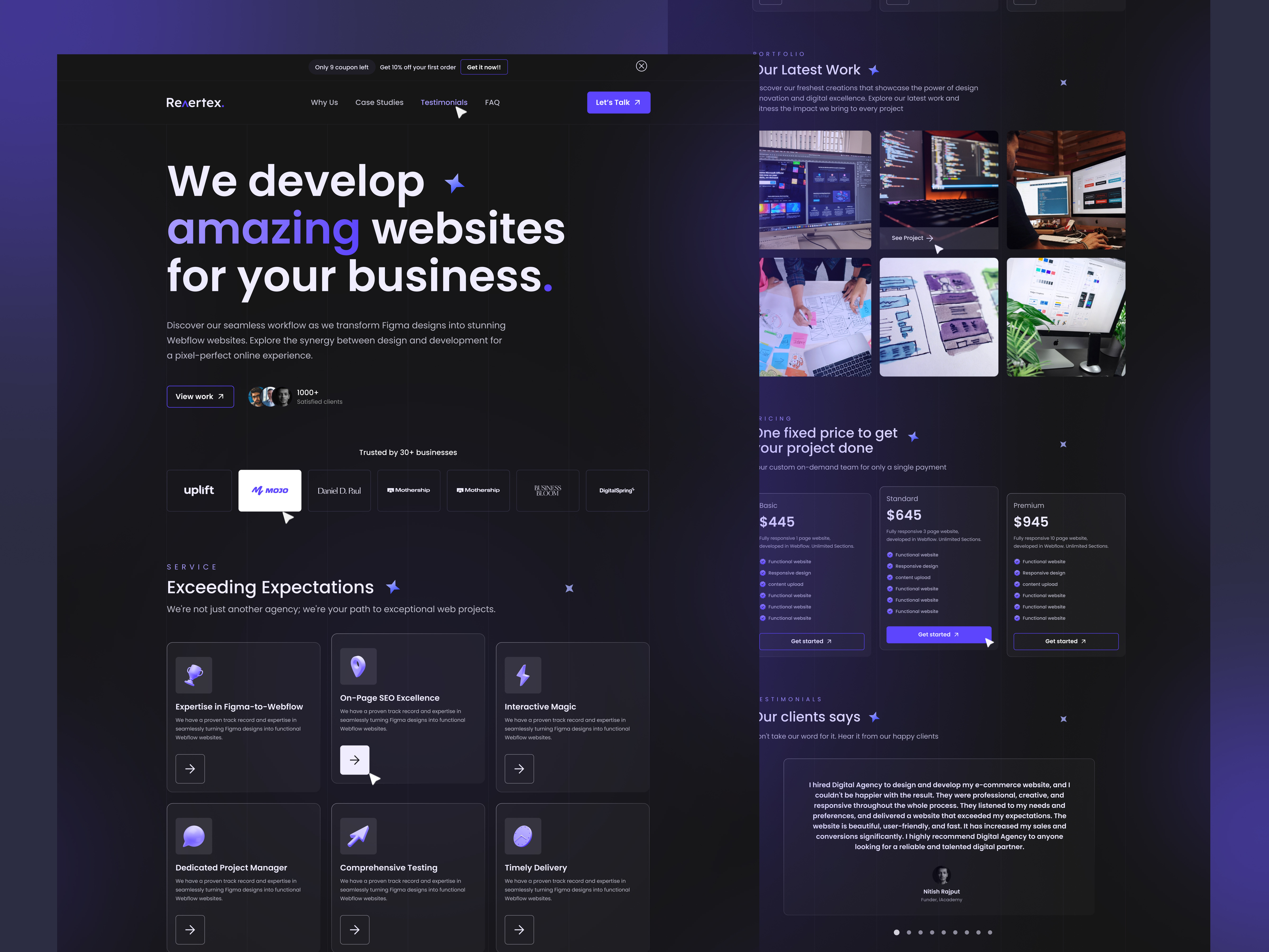 Landing page design for Digital agency business company corporate dark theme dark ui design design digital agency figma design header landing page startup ui uiux web webdesign website
