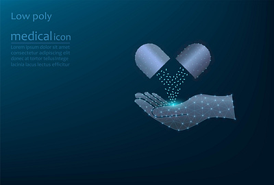 Vector image of a medicine in a capsule on the hand, low poly. three dimensional