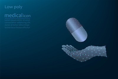 Vector image of a medicine in a capsule on the hand, low poly three dimensional