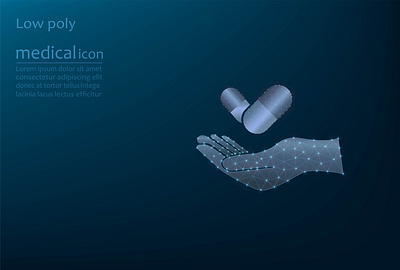 Vector image of a medicine in a capsule on the hand, low poly three dimensional