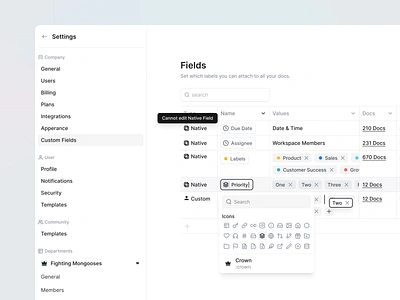 Frame.so Custom Fields clean configurations custom design fields forms hover inputs interface menu minimal product saas settings table ui ui design ux ux design web