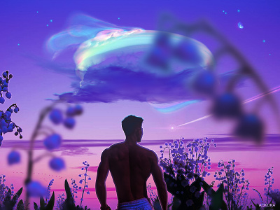 🥀🔮💫 asian aurora boy comet dreamscape fit flowers gay graphic design illustration iridescent lily of the valley meteor muscles photoshop purple queer scarf cloud shooting star weather