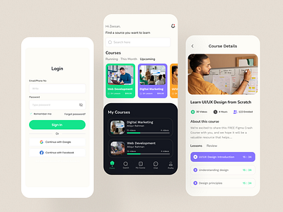 eLearning Mobile App app app ui branding clean ui creative dark ui design elearning app illustration landing page logo mobile ui modern online course online learning online school app ui uiux website